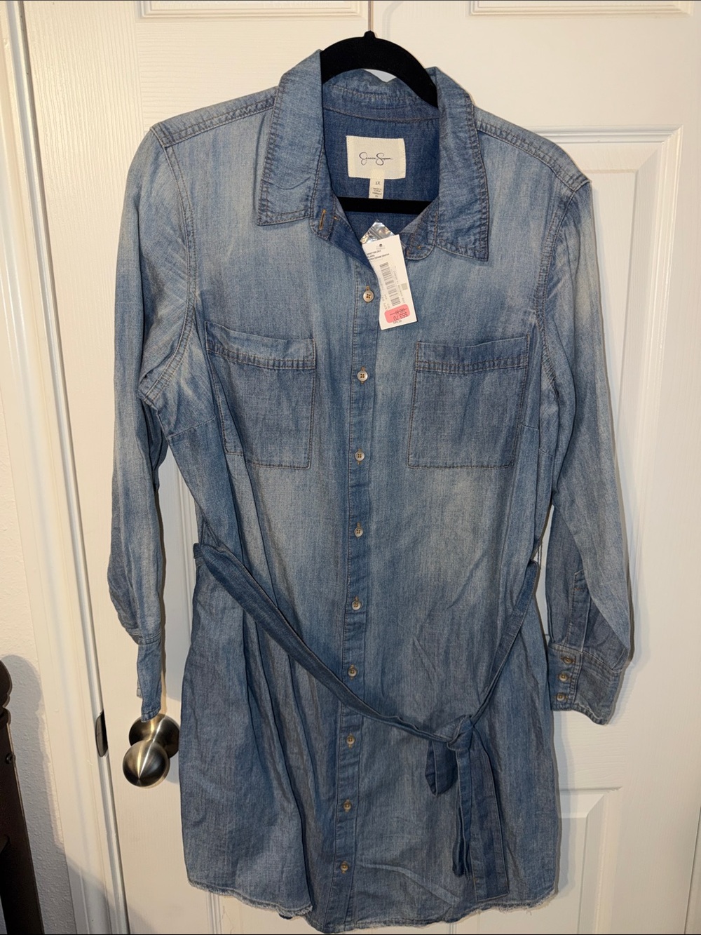 Jessica Simpson Faded Blue Denim Shirt Dress with Tie Waist